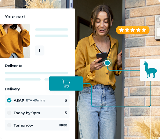 Image of a women looking at her mobile phone with an illustration to the side showing Sherpa delivery options available in an online shopping cart Image of a women looking at her mobile phone with an illustration to the side showing Sherpa delivery options available in an online shopping cart